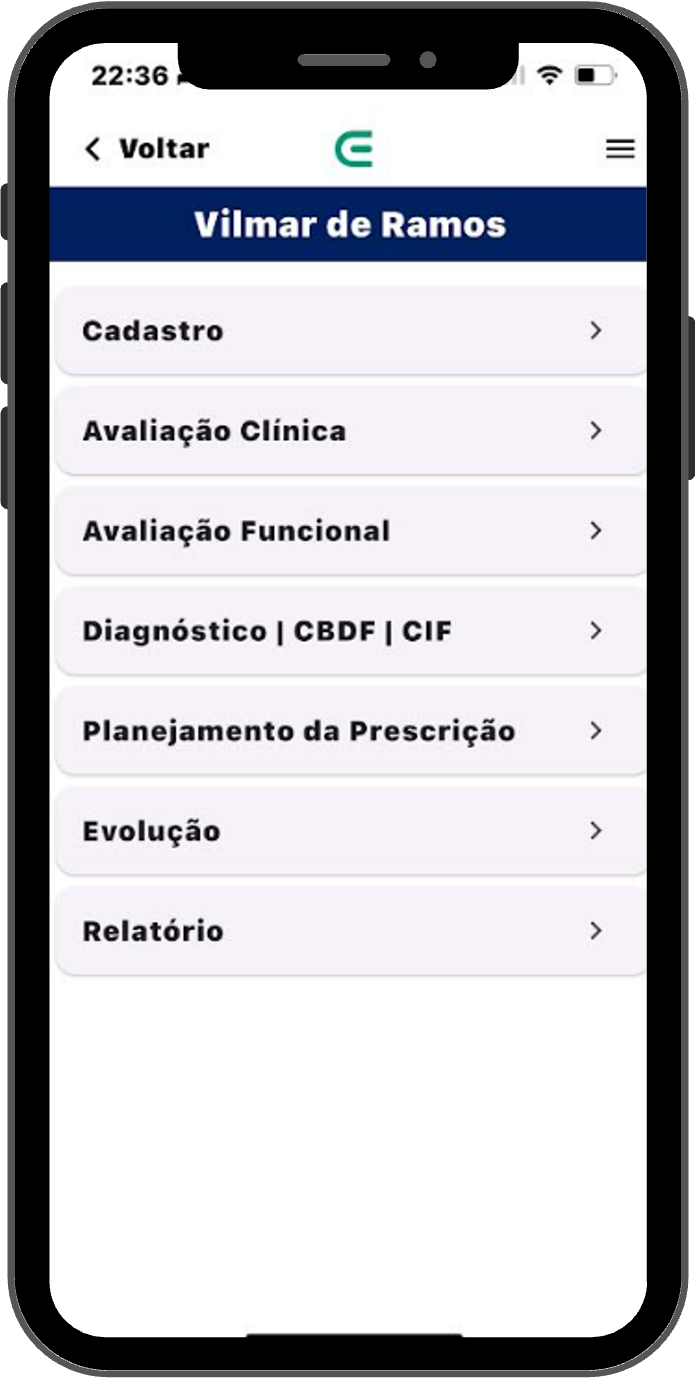 Tela do aplicativo com menu lateral de testes