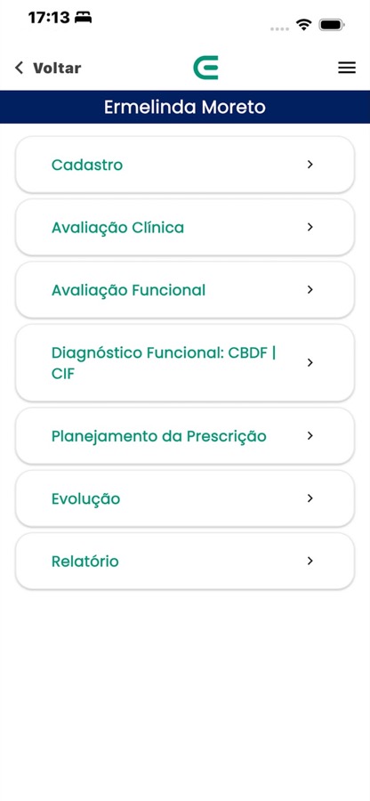 Tela do aplicativo com menu principal de módulos