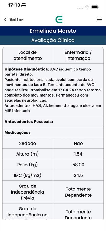 Tela do aplicativo com avaliação clínica detalhada