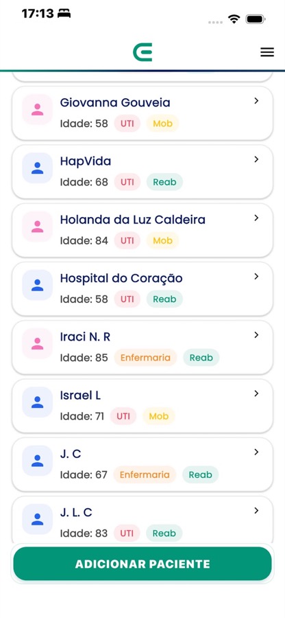 Tela do aplicativo com lista de pacientes
