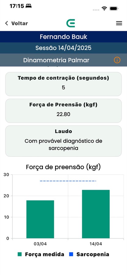 Tela do aplicativo com resultado de dinamometria palmar