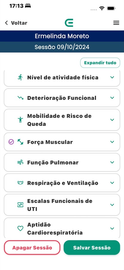 Tela do aplicativo com categorias funcionais expansíveis